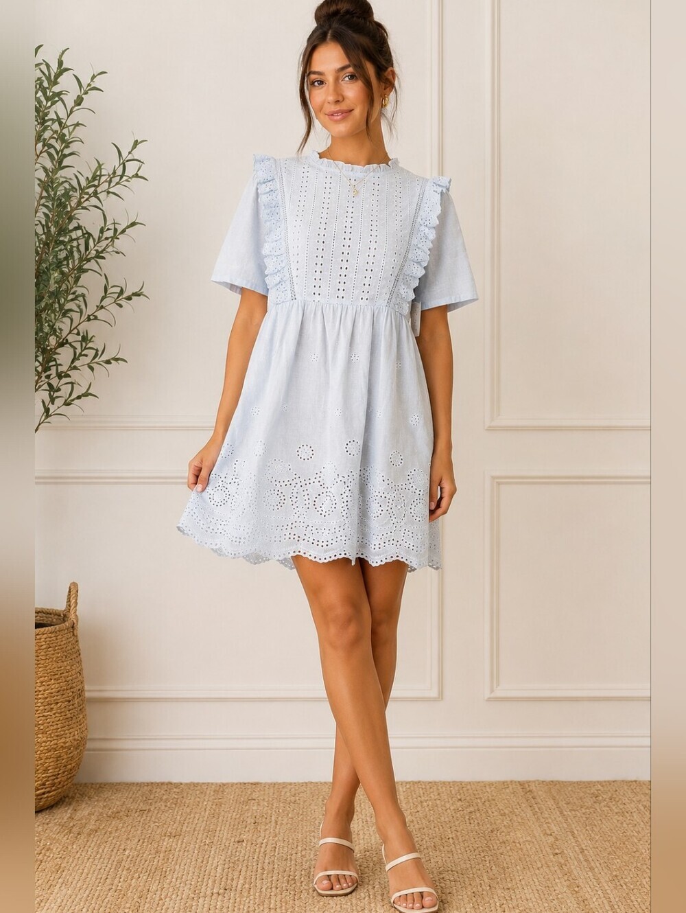 Light Blue Eyelet Ruffle Short Dress - Women's